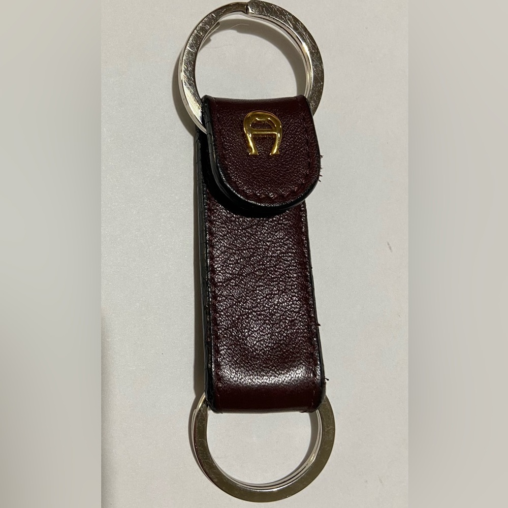 Etienne Aigner Brown Leather Keychain with Gold Accents and Silver Keyrings